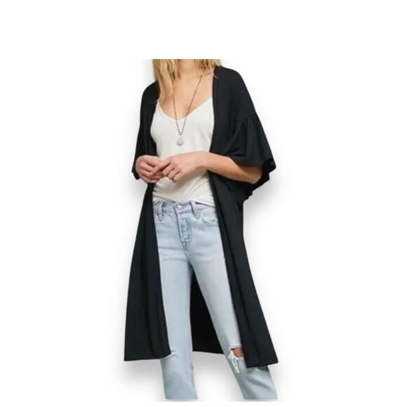 Anthro Saturday Sunday Janis cardigan open short ruffle sleeve duster black XS/S - Picture 1 of 9